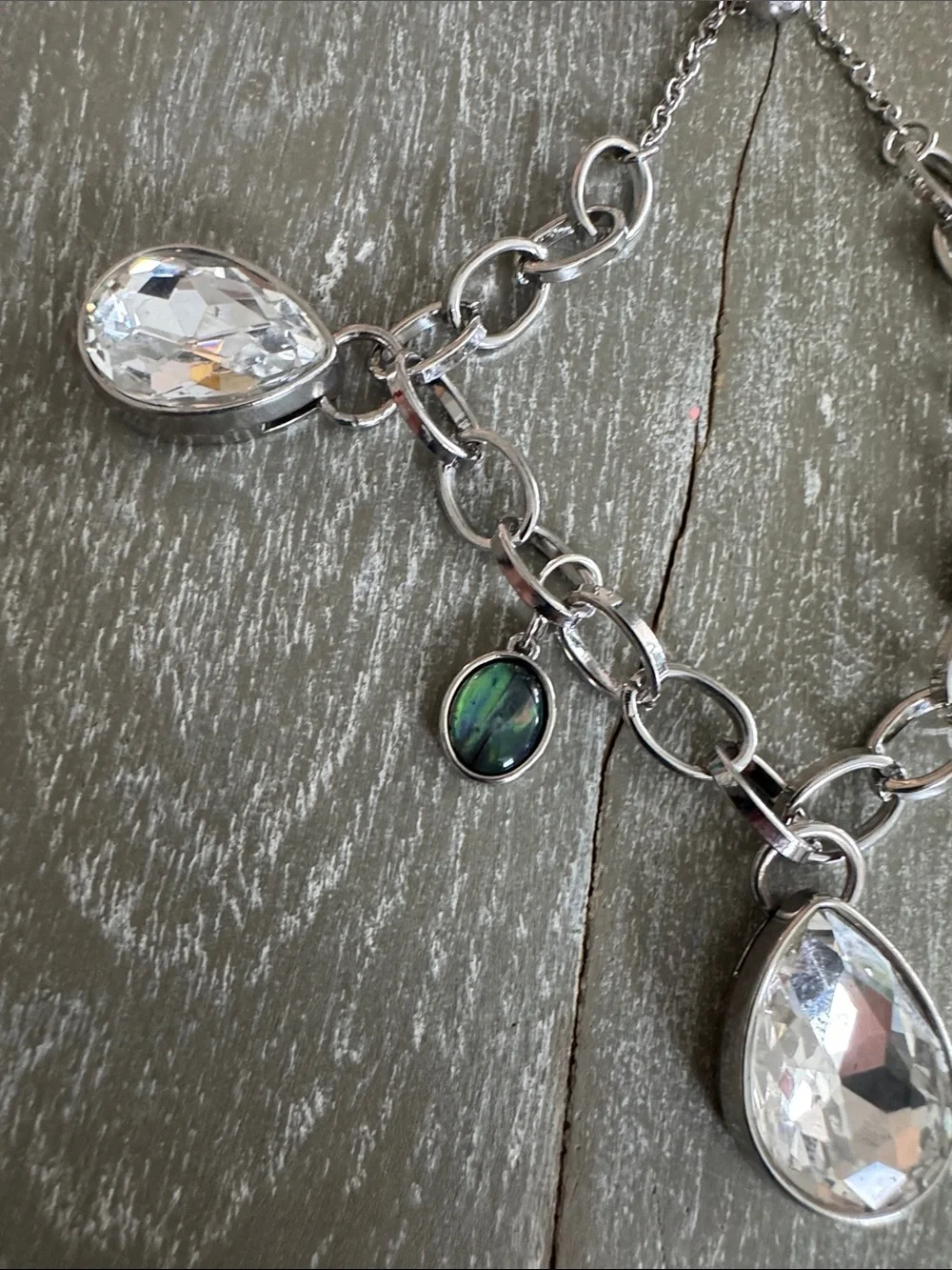 Silver-tone Teardrop Charm Bracelet with Clear Crystals and Iridescent Accents